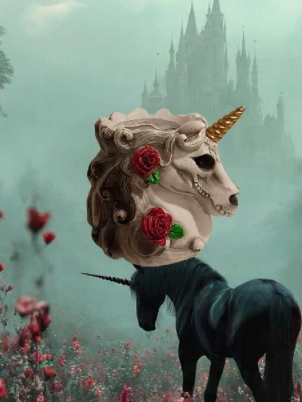 Gothic Grey Resin Unicorn Skull Makeup Brush Holder W/Red Roses & Gold Horn